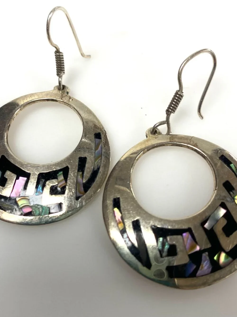 m945 Vintage Sterling Silver Mexican Modernist Dangle Hoop Earrings Abalone Shel